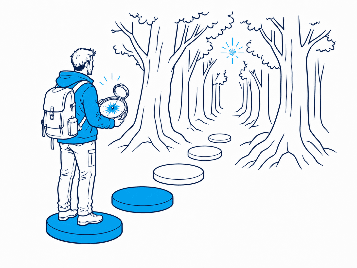 A traveller with a compass at the edge of a forest, stepping stones leading toward the light